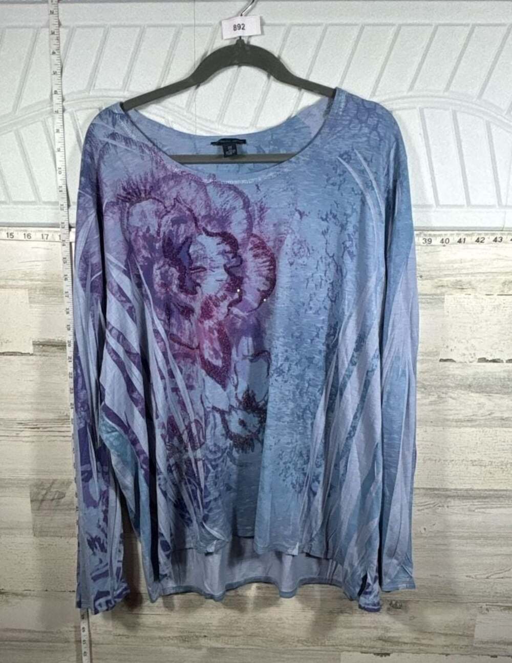 Westbound Woman Blue Purple Floral Print Studded Long Sleeve Knit Top 3X